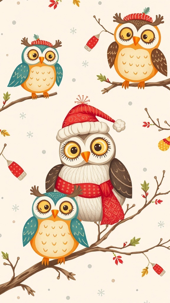 Cute Christmas owl wallpaper with festive owls, snowflakes, and holiday decorations.